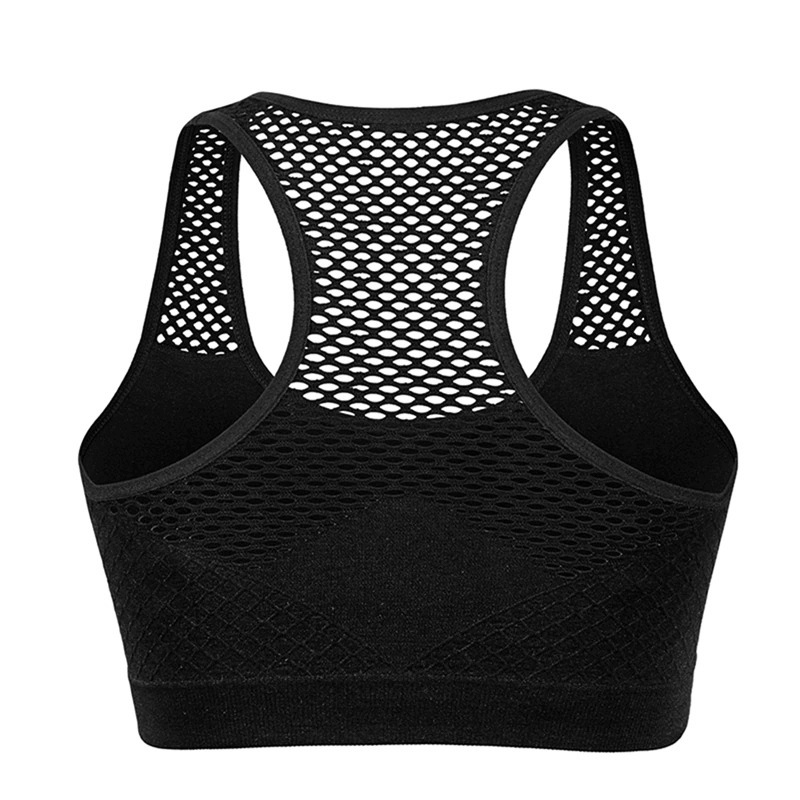 Women's black seamless yoga top with sports mesh design, ideal for workouts. Quick dry, breathable, and form-fitting for active comfort.